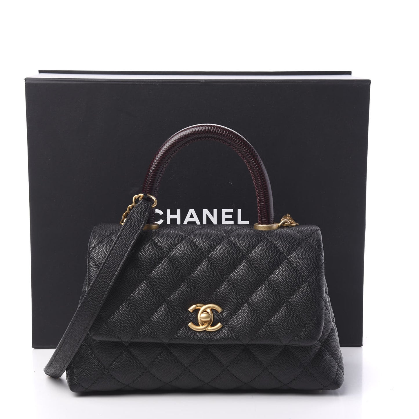 Caviar Lizard Embossed Quilted Mini Coco Handle Flap Black
