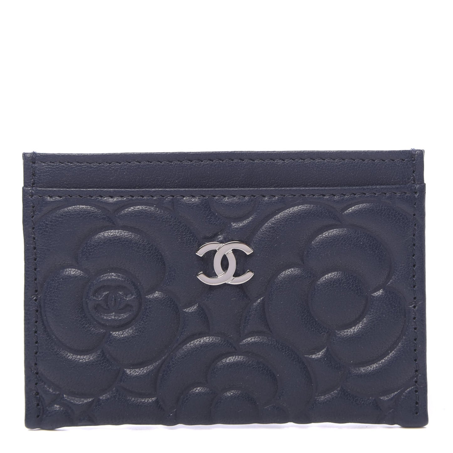 Goatskin Camellia Embossed Card Holder Dark Blue