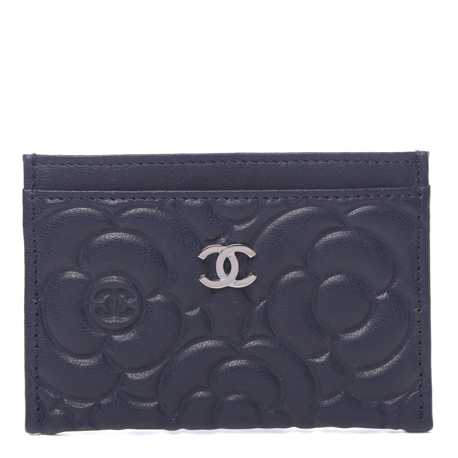 Chanel Goatskin Camellia Embossed Card Holder Dark Blue 1 of 9