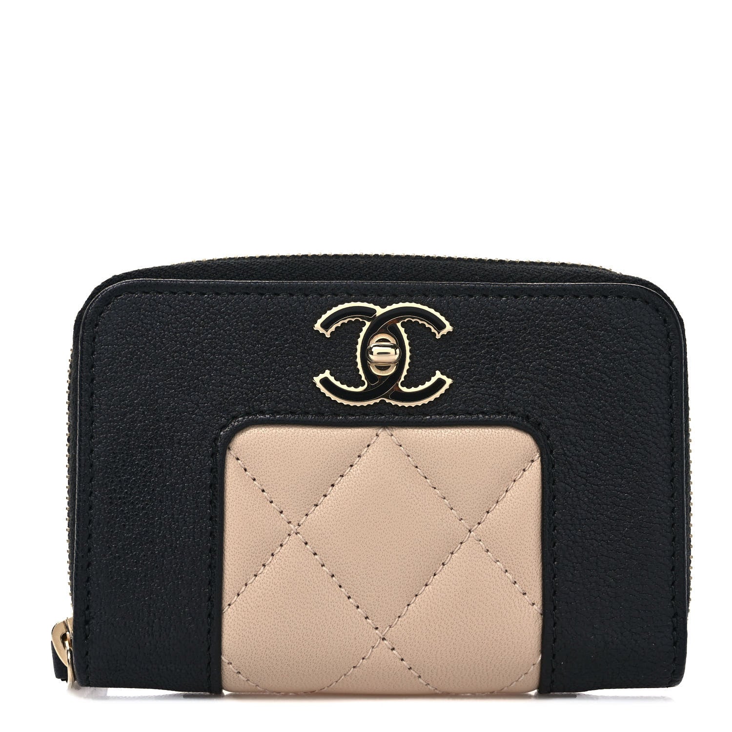 Chanel Sheepskin Quilted Mademoiselle Vintage Zip Coin Purse Beige Black 1 of 8