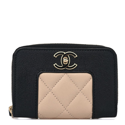 Chanel Sheepskin Quilted Mademoiselle Vintage Zip Coin Purse Beige Black 1 of 8