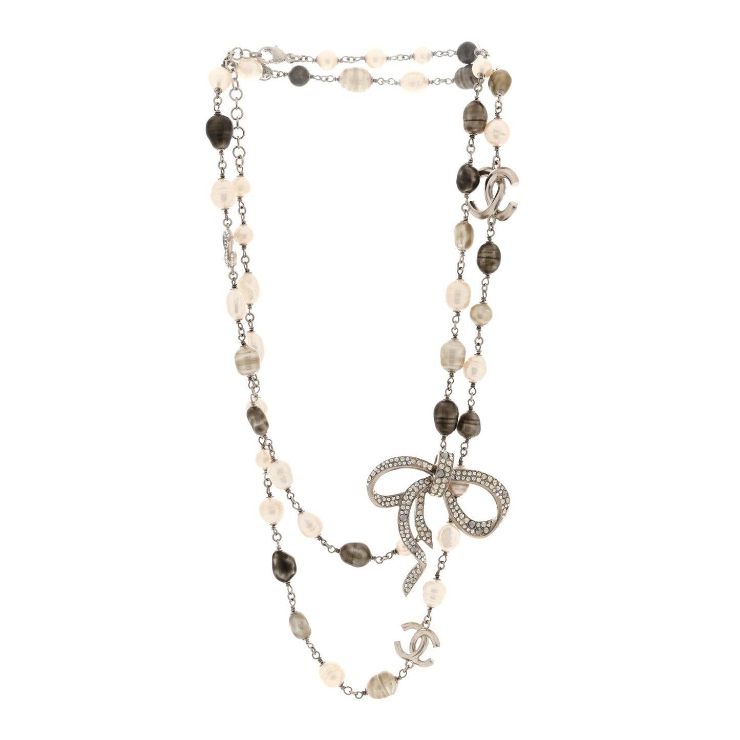 Crystal Pearl CC Bow Long Necklace Silver Grey