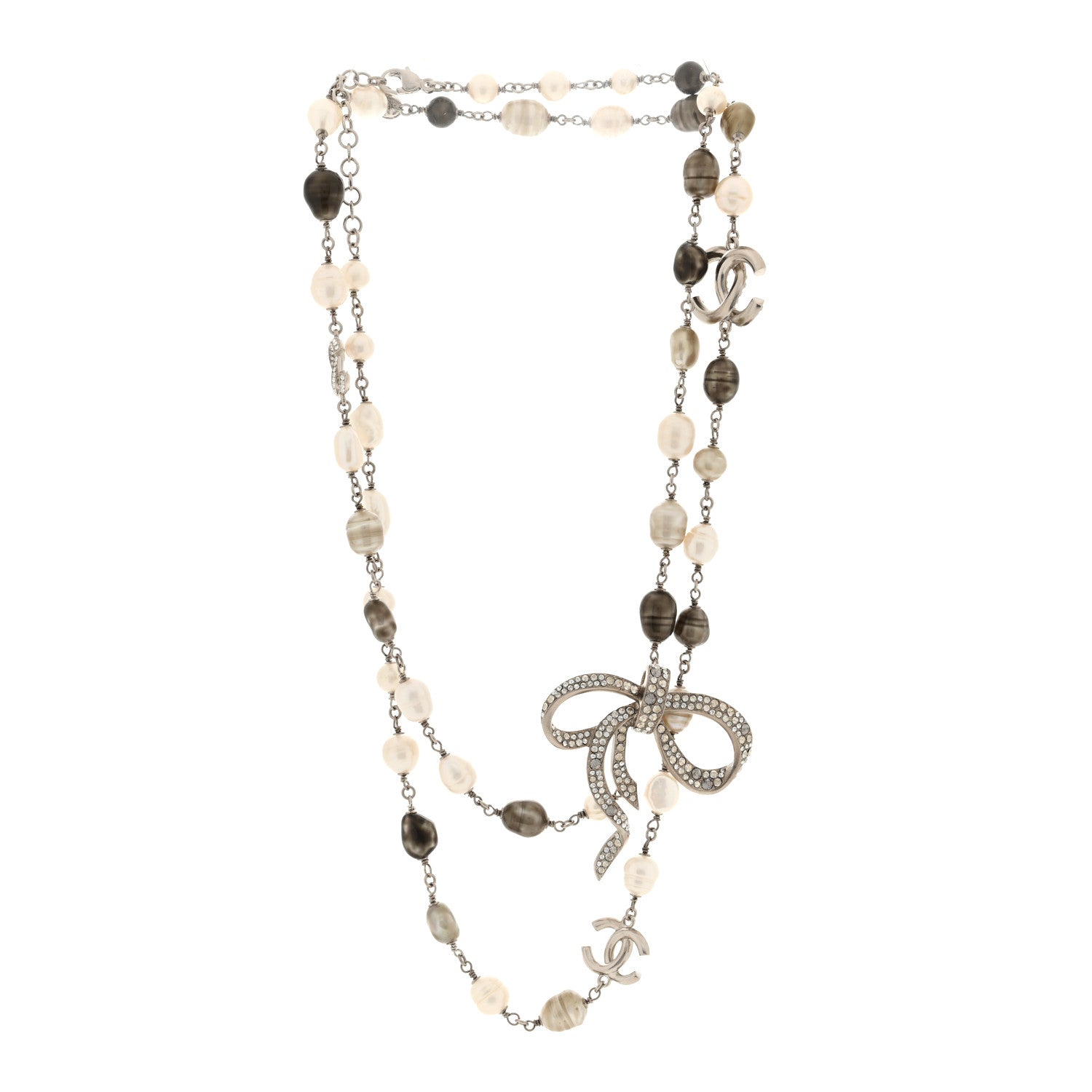 Chanel Crystal Pearl CC Bow Long Necklace Silver Grey 3 of 4
