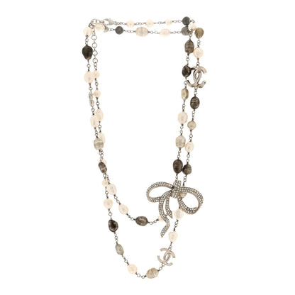 Chanel Crystal Pearl CC Bow Long Necklace Silver Grey 3 of 4