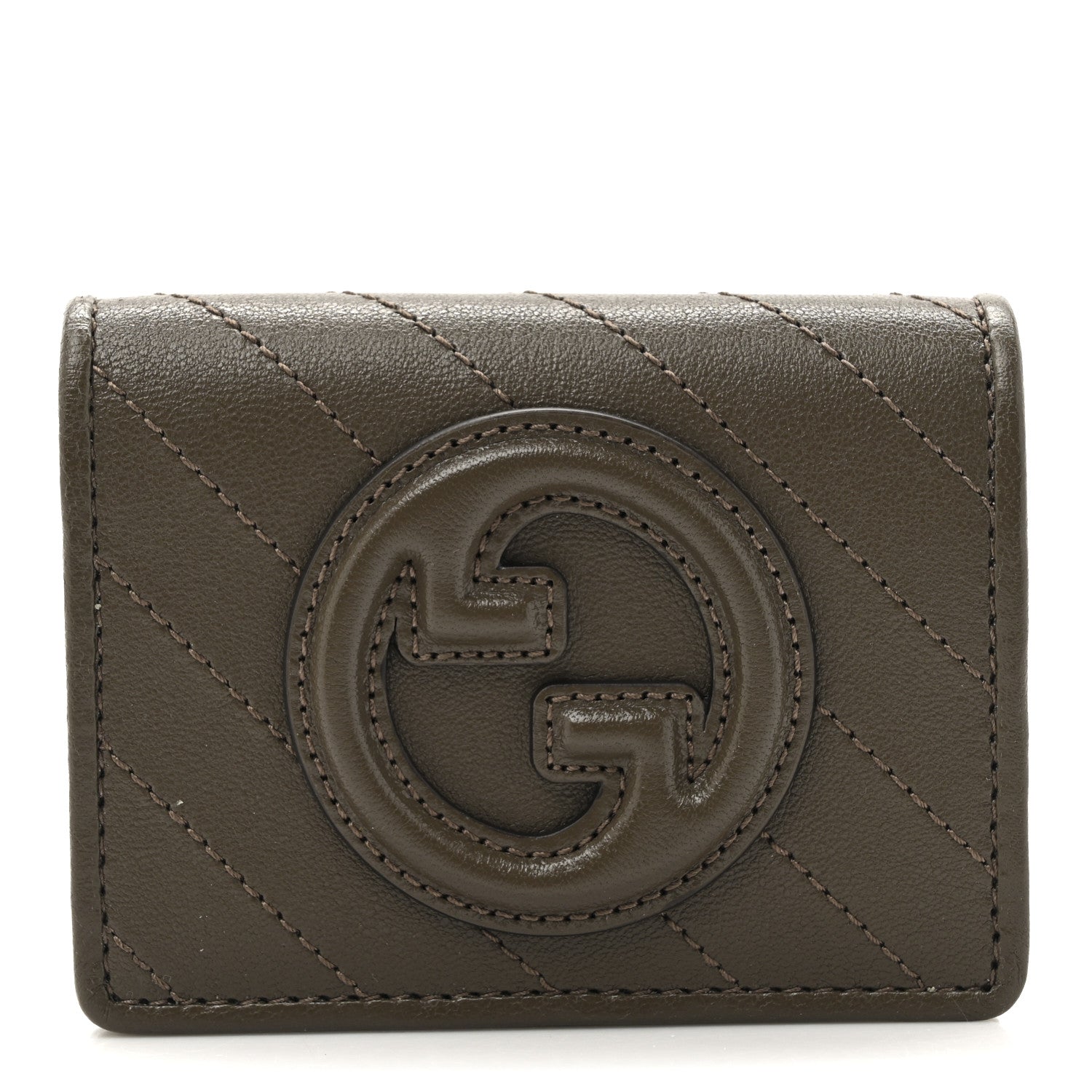 Gucci Sakai Be Green Calfskin Diagonal Stitched Blondie Card Case Wallet Craclet Brown 1 of 7