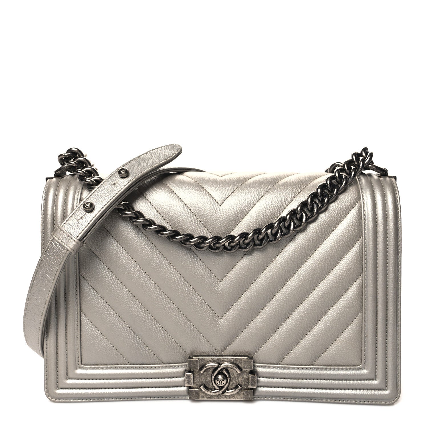 Chanel Metallic Caviar Chevron Quilted New Medium Boy Flap Silver 1 of 11