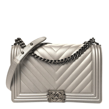 Chanel Metallic Caviar Chevron Quilted New Medium Boy Flap Silver 1 of 11
