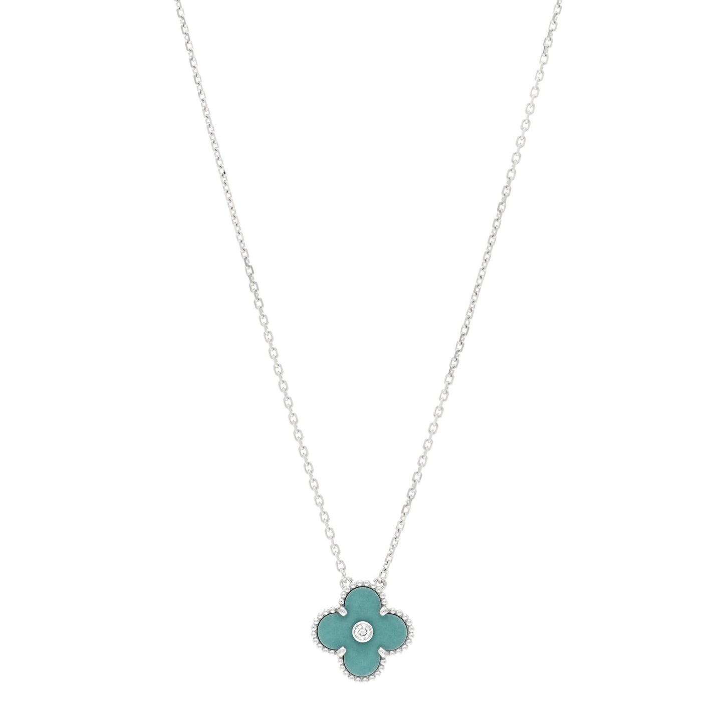 18K White Gold Diamond Celadon Green Sevres Porcelain Vintage Alhambra Pendant Necklace