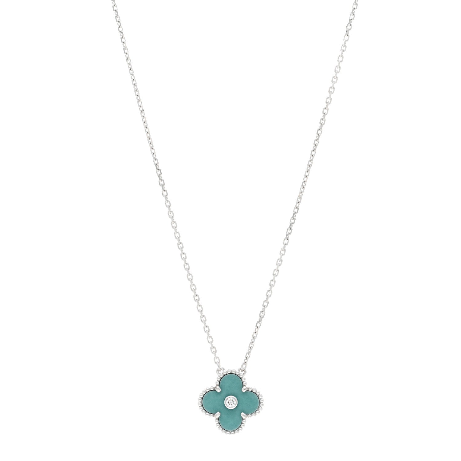 Van Cleef & Arpels 18K White Gold Diamond Celadon Green Sevres Porcelain Vintage Alhambra Pendant Necklace 1 of 5