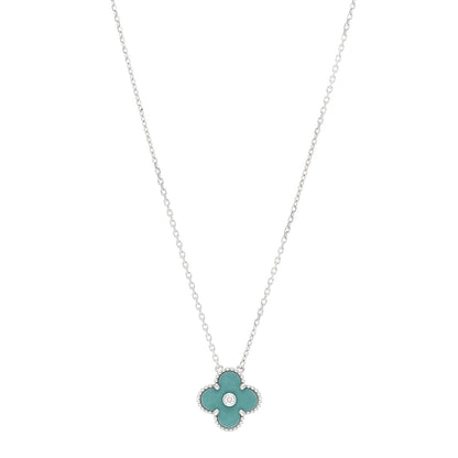 Van Cleef & Arpels 18K White Gold Diamond Celadon Green Sevres Porcelain Vintage Alhambra Pendant Necklace 1 of 5