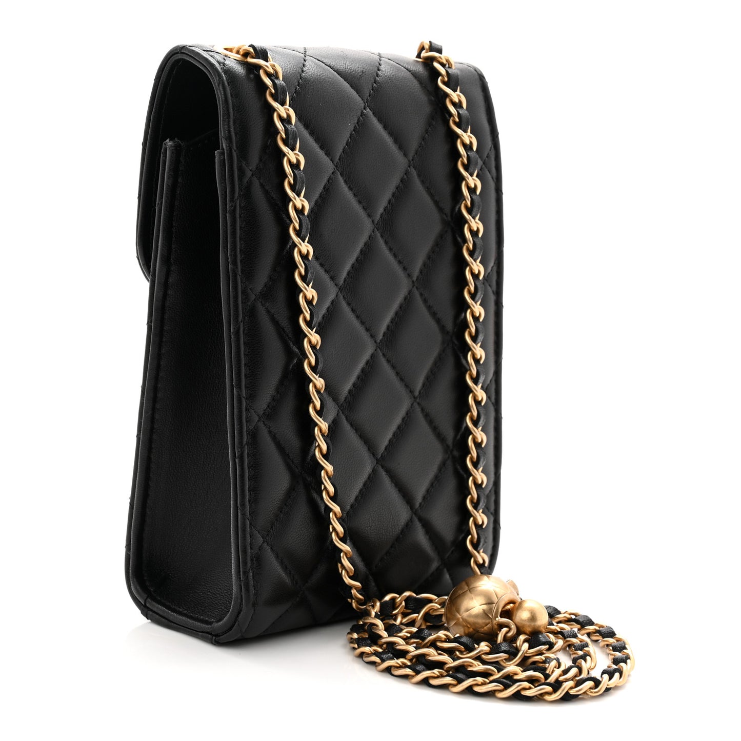 Lambskin Quilted Vertical Pearl Crush Flap With Chain Black