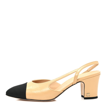 Chanel Goatskin Grosgrain Cap Toe CC Slingback Pumps 37 Beige Black 1 of 11