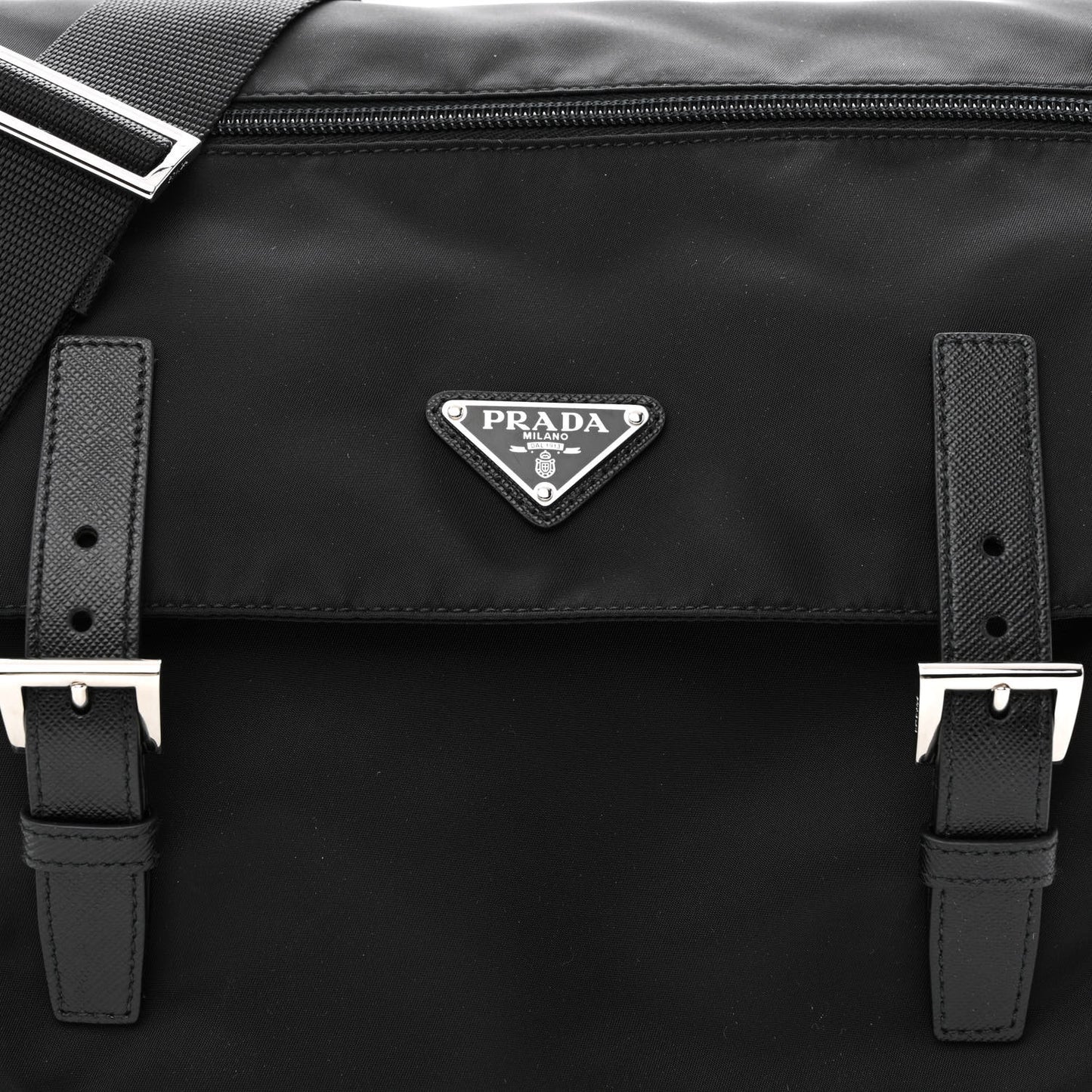 Tessuto Nylon Saffiano Double Buckle Messenger Shoulder Bag Black