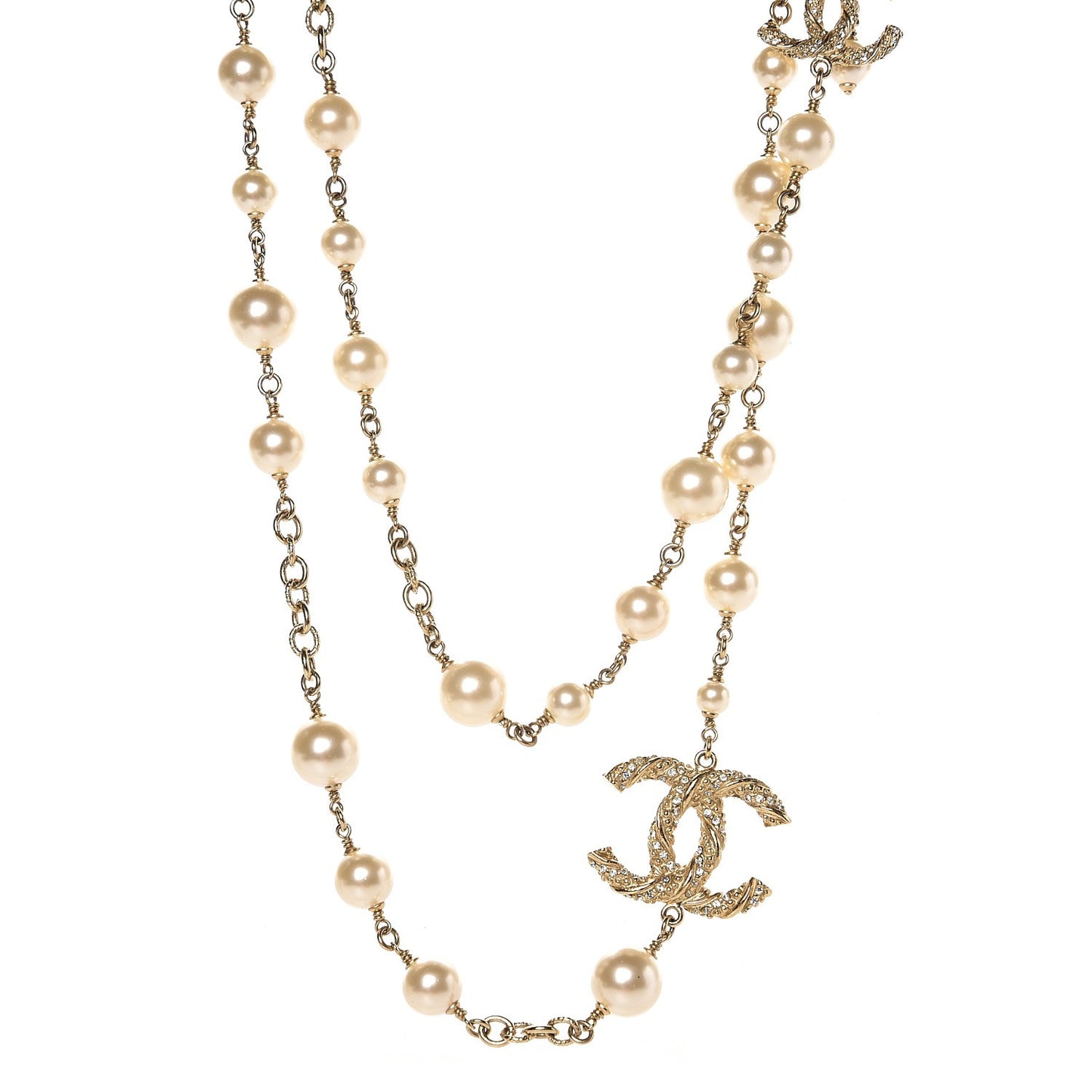 Graduated Pearl Crystal Twisted CC Long Necklace Gold