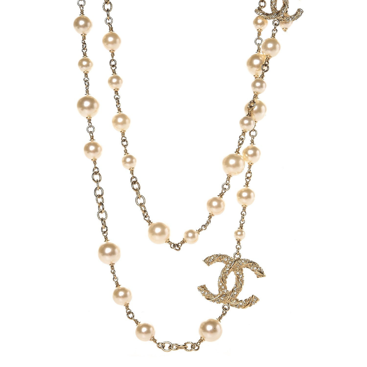 Chanel Graduated Pearl Crystal Twisted CC Long Necklace Gold 1 of 5