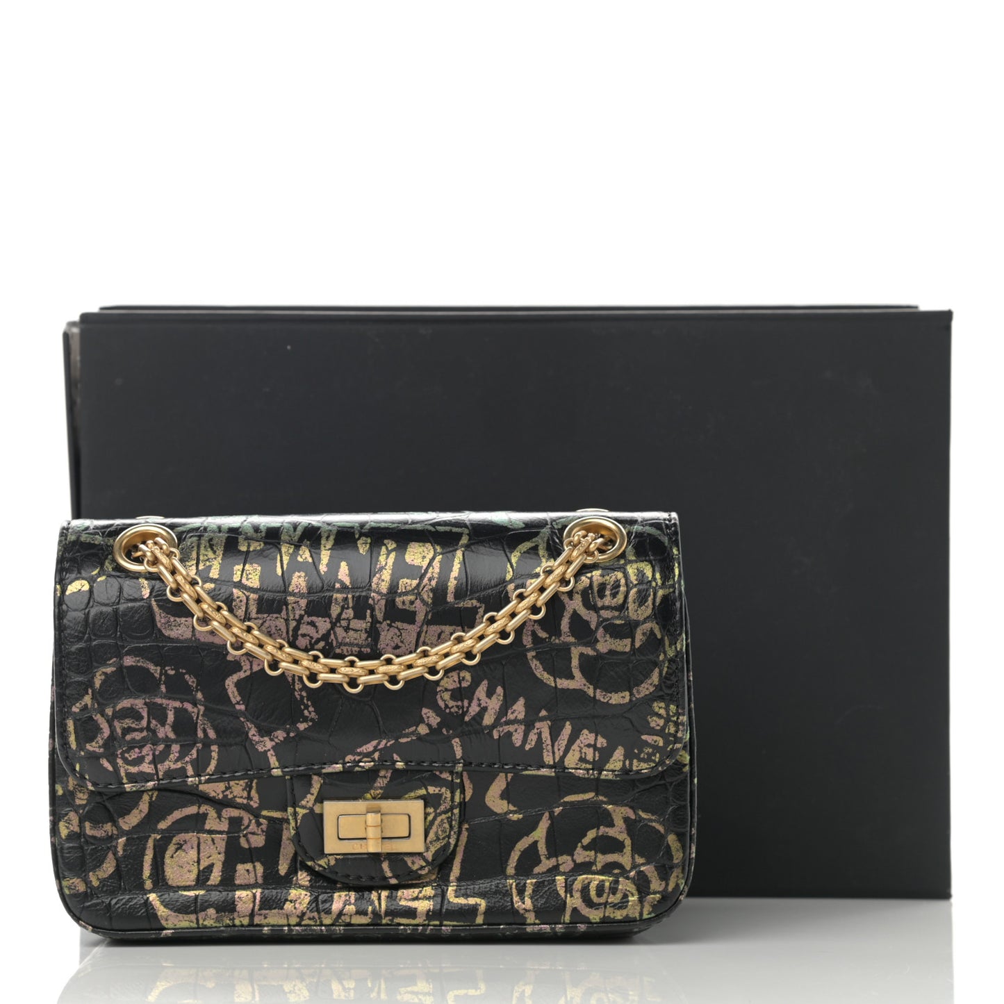 Calfskin Crocodile Embossed Graffiti 2.55 Mini Cocodile Reissue Flap Black Gold