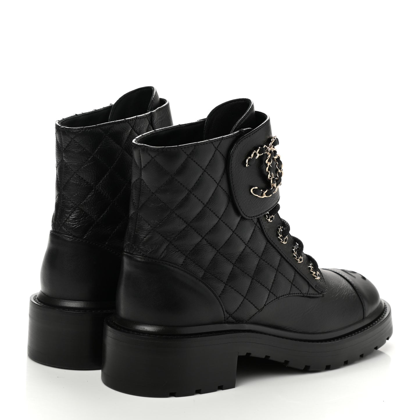 Shiny Calfskin Quilted Lace Up Combat Boots 38 Black