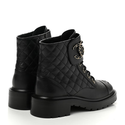 Chanel Shiny Calfskin Quilted Lace Up Combat Boots 38 Black 4 of 8