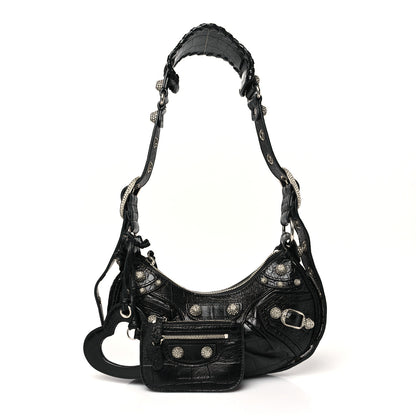 Balenciaga Extra Supple Calfskin Crystal Crocodile Embossed Le Cagole Shoulder Bag XS Black 3 of 12
