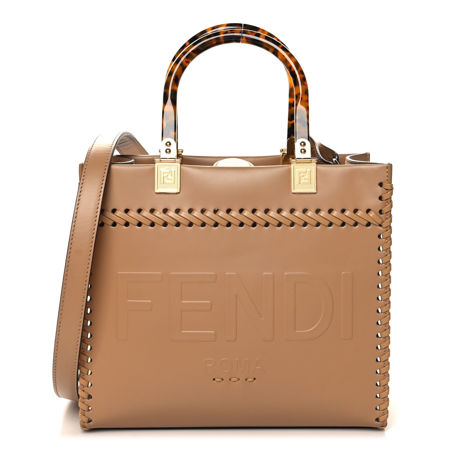 Fendi Vitello King Ceylon Plexiglass Woven Logo Debossed Small Fendi Sunshine Shopper Tote Miele Scuro 1 of 10