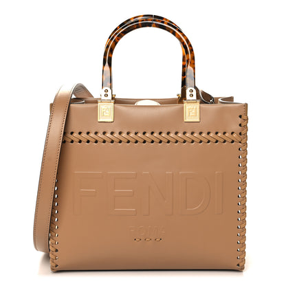 Fendi Vitello King Ceylon Plexiglass Woven Logo Debossed Small Fendi Sunshine Shopper Tote Miele Scuro 1 of 10