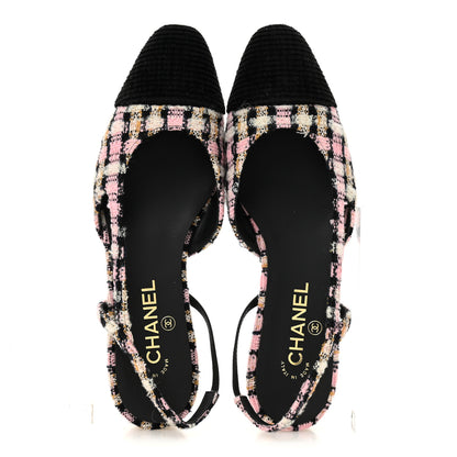 Chanel Tweed Cap Toe CC Slingback Flats 40 Black Pink White 2 of 10