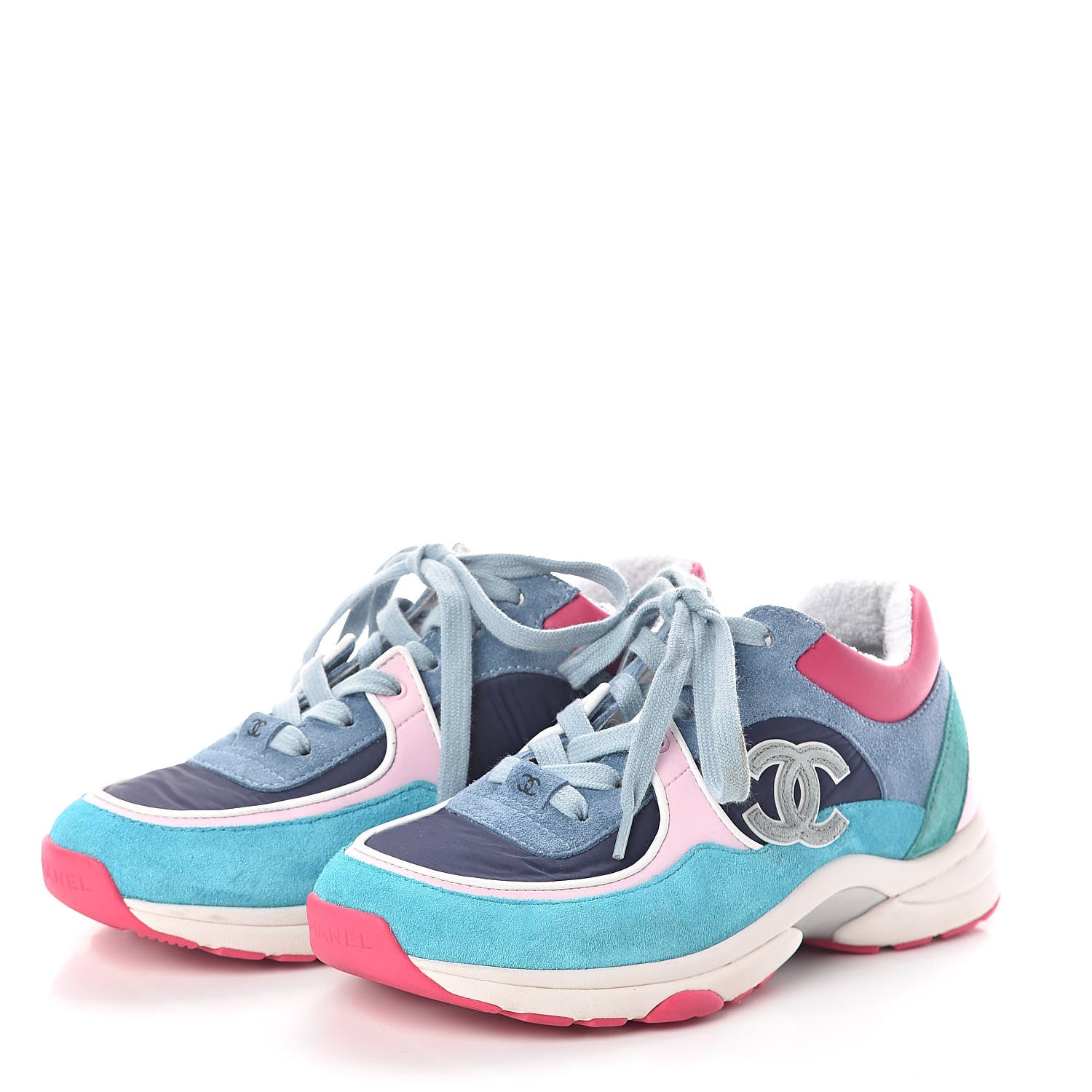 Chanel Nylon Lambskin Suede Calfskin CC Sneakers 37 Navy Turquoise 3 of 7