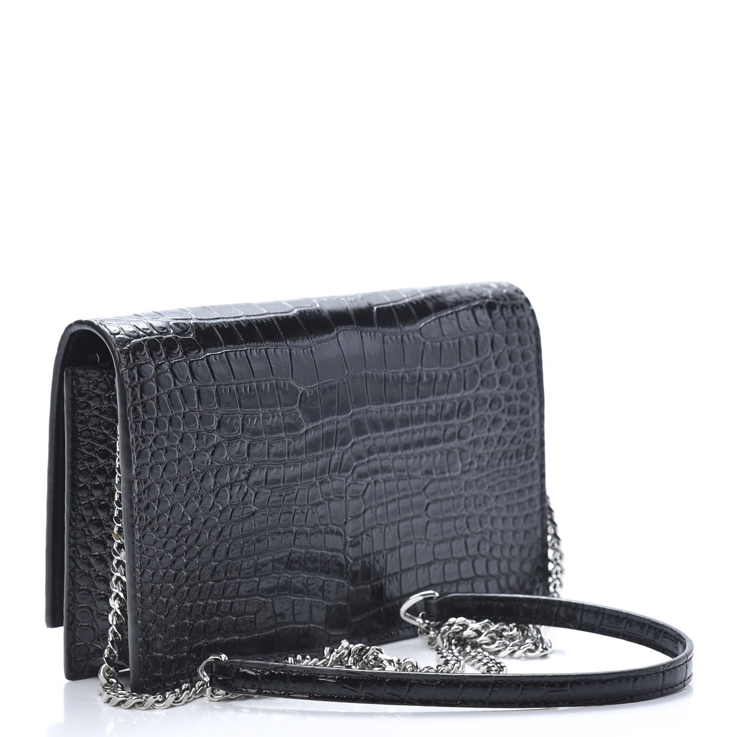 Saint Laurent Calfskin Crocodile Embossed Kate Monogram Tassel Chain Wallet Black 4 of 12