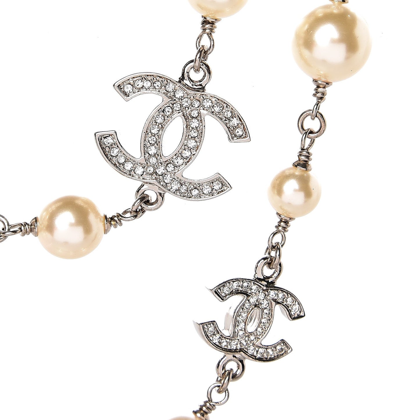 Crystal Pearl CC Long Necklace Silver