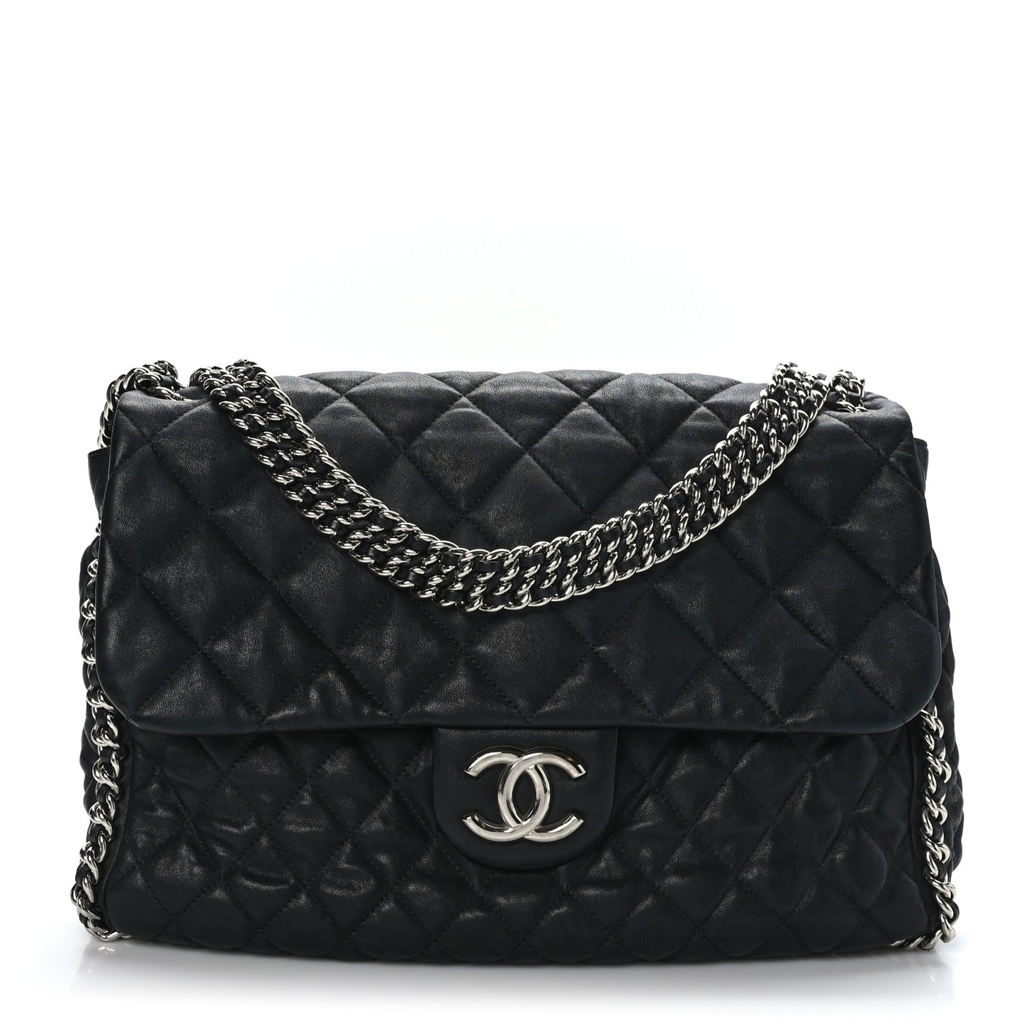 Washed Lambskin Quilted Maxi Chain Around Flap Black