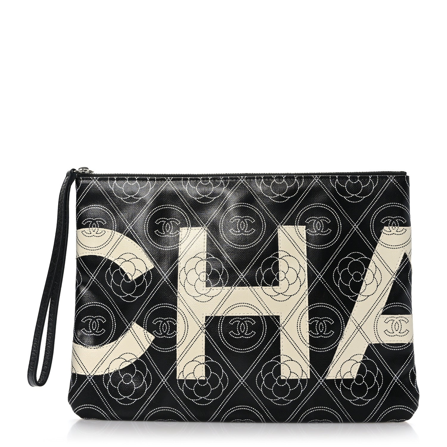 Chanel Coated Canvas Calfskin Camellia Printed Pouch Black Beige 1 of 7