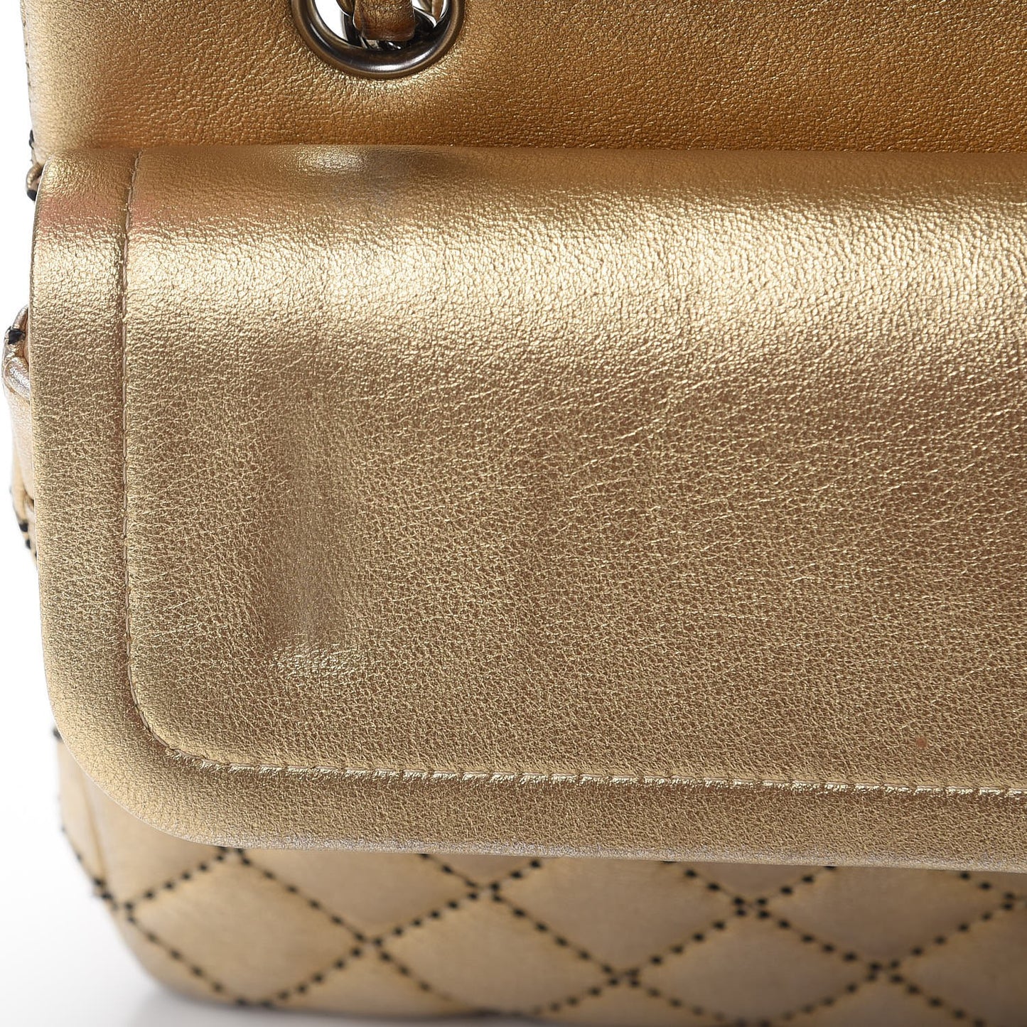 Metallic Lambskin Quilted Stitch Medium Double Flap Light Gold