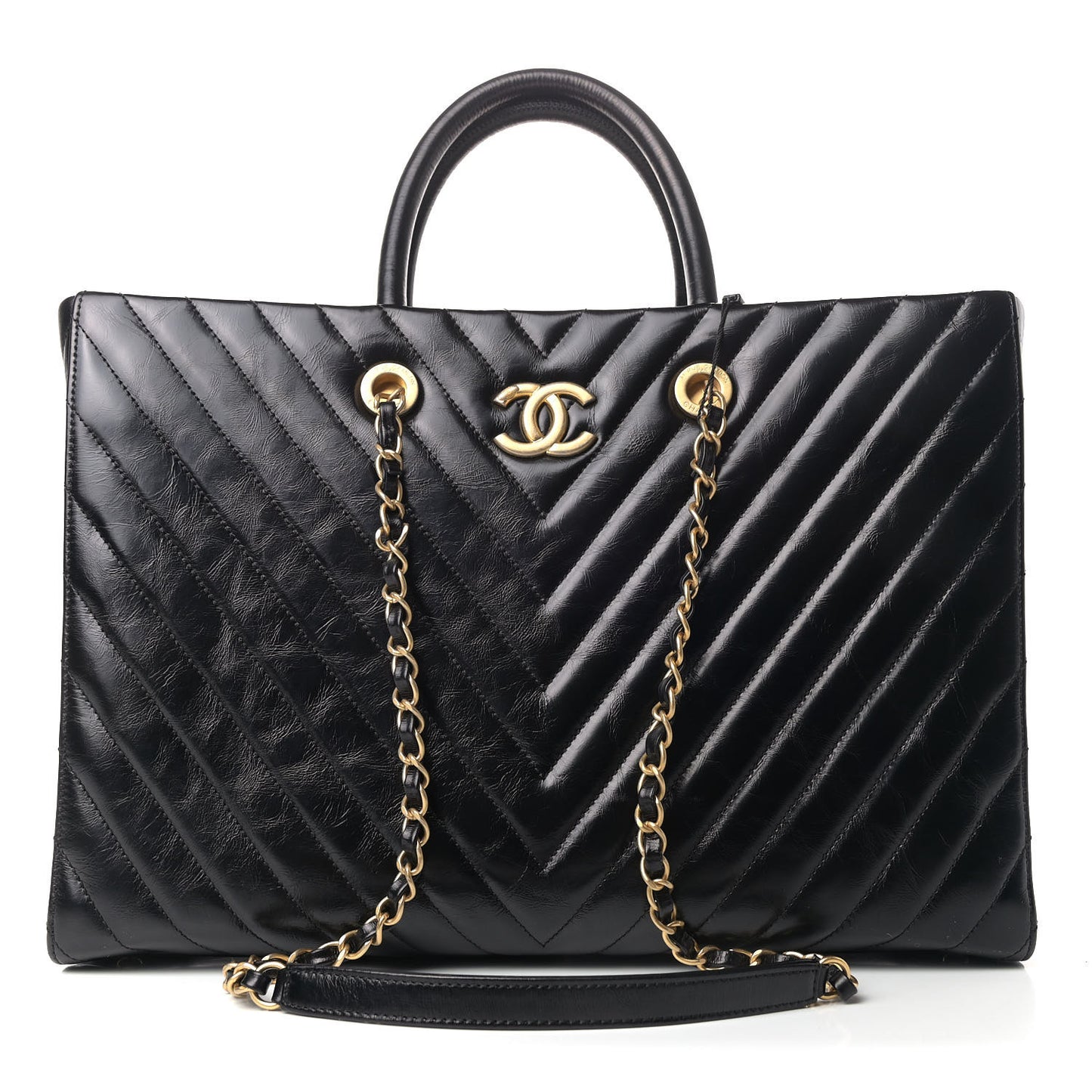 Aged Calfskin Chevron Large Coco Handle Shopping Tote Black