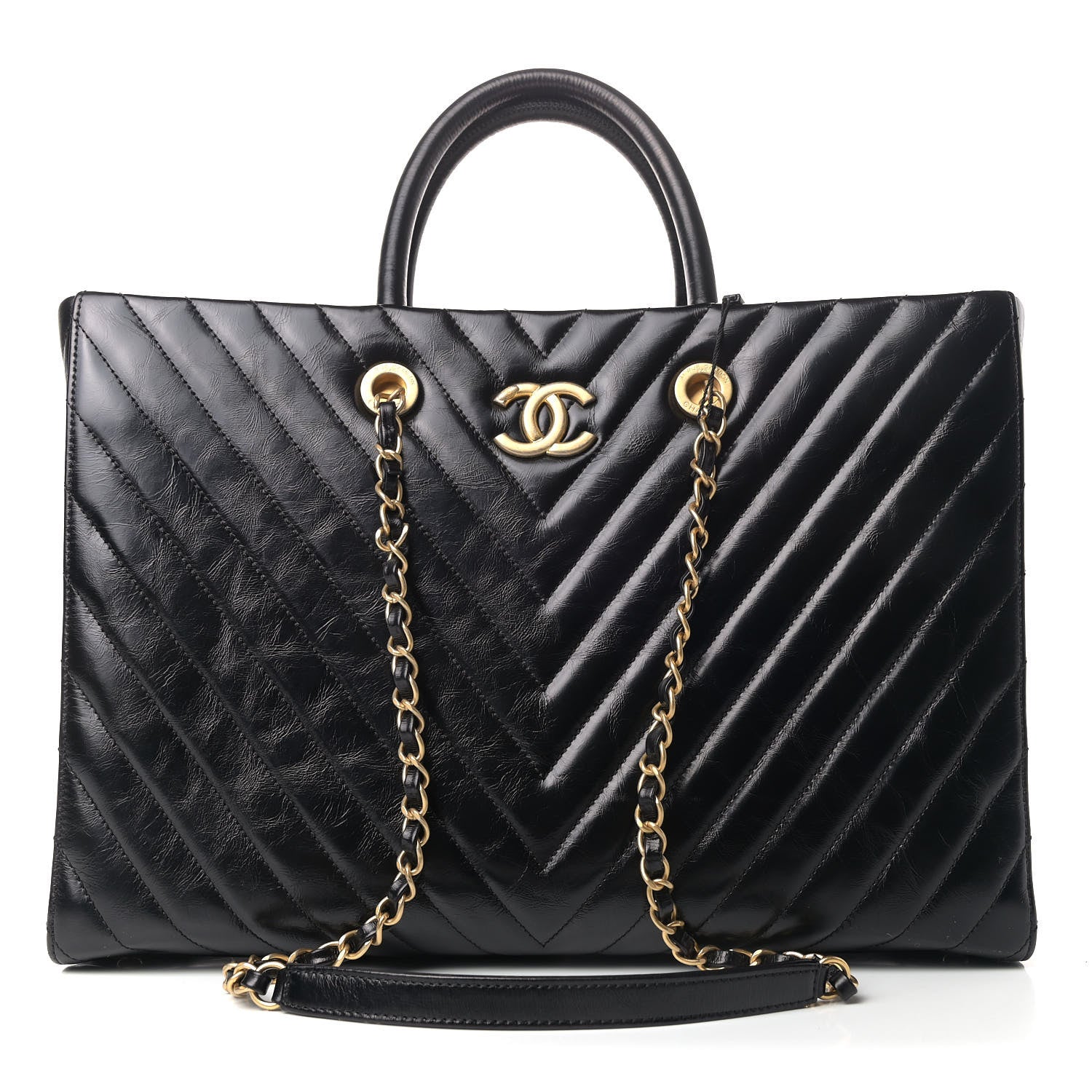 Chanel Aged Calfskin Chevron Large Coco Handle Shopping Tote Black 1 of 5