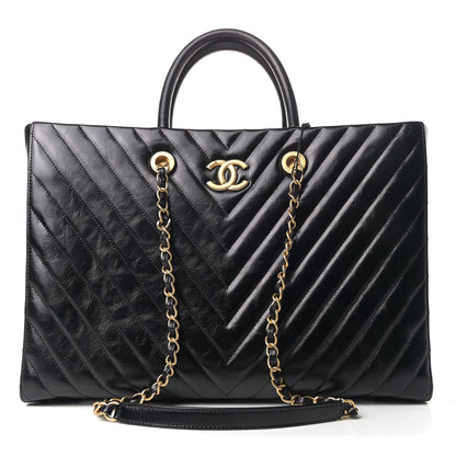 Chanel Aged Calfskin Chevron Large Coco Handle Shopping Tote Black 1 of 5