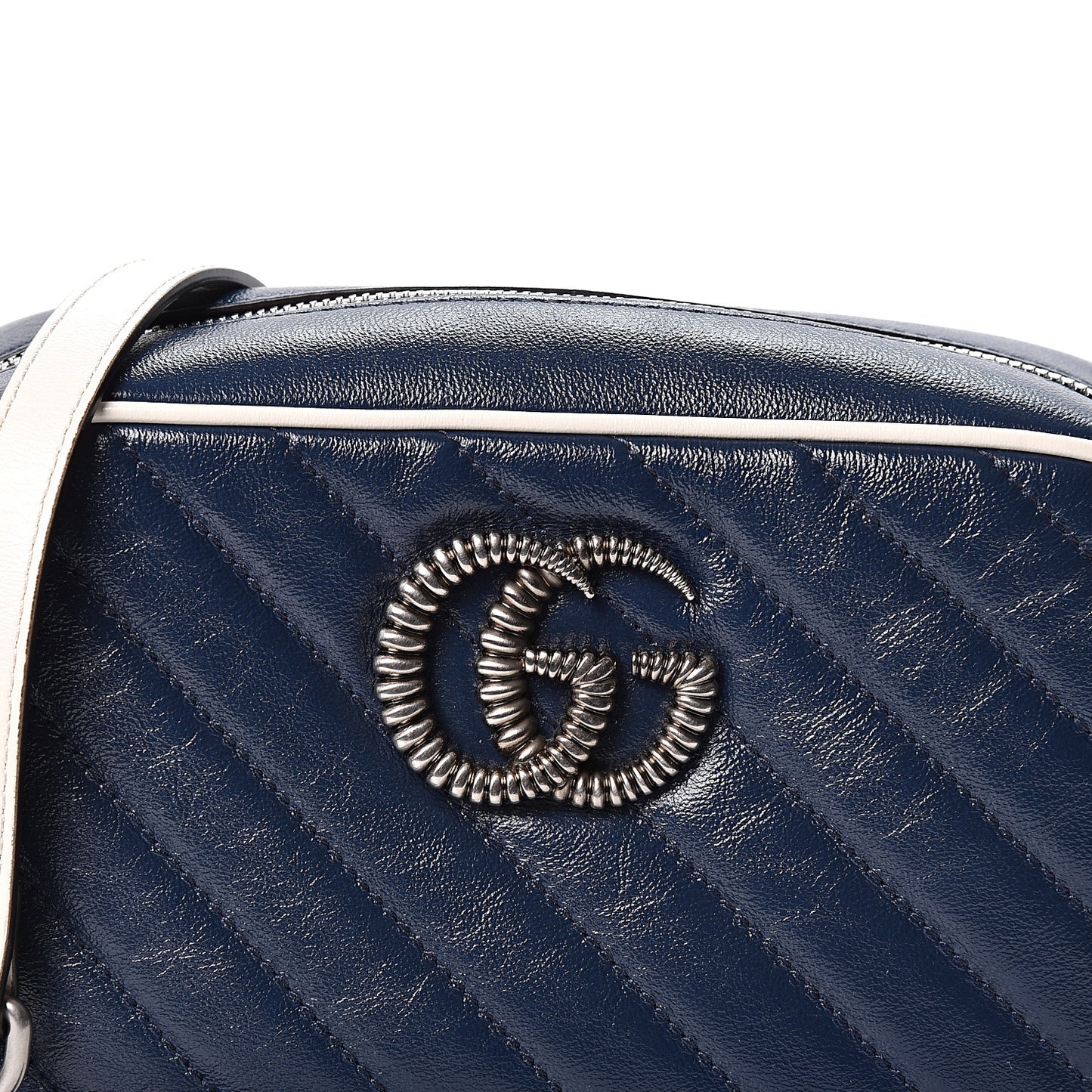 Vintage Effect Calfskin Matelasse Diagonal Small Torchon GG Marmont Chain Shoulder Bag Blue Agata Mystic White