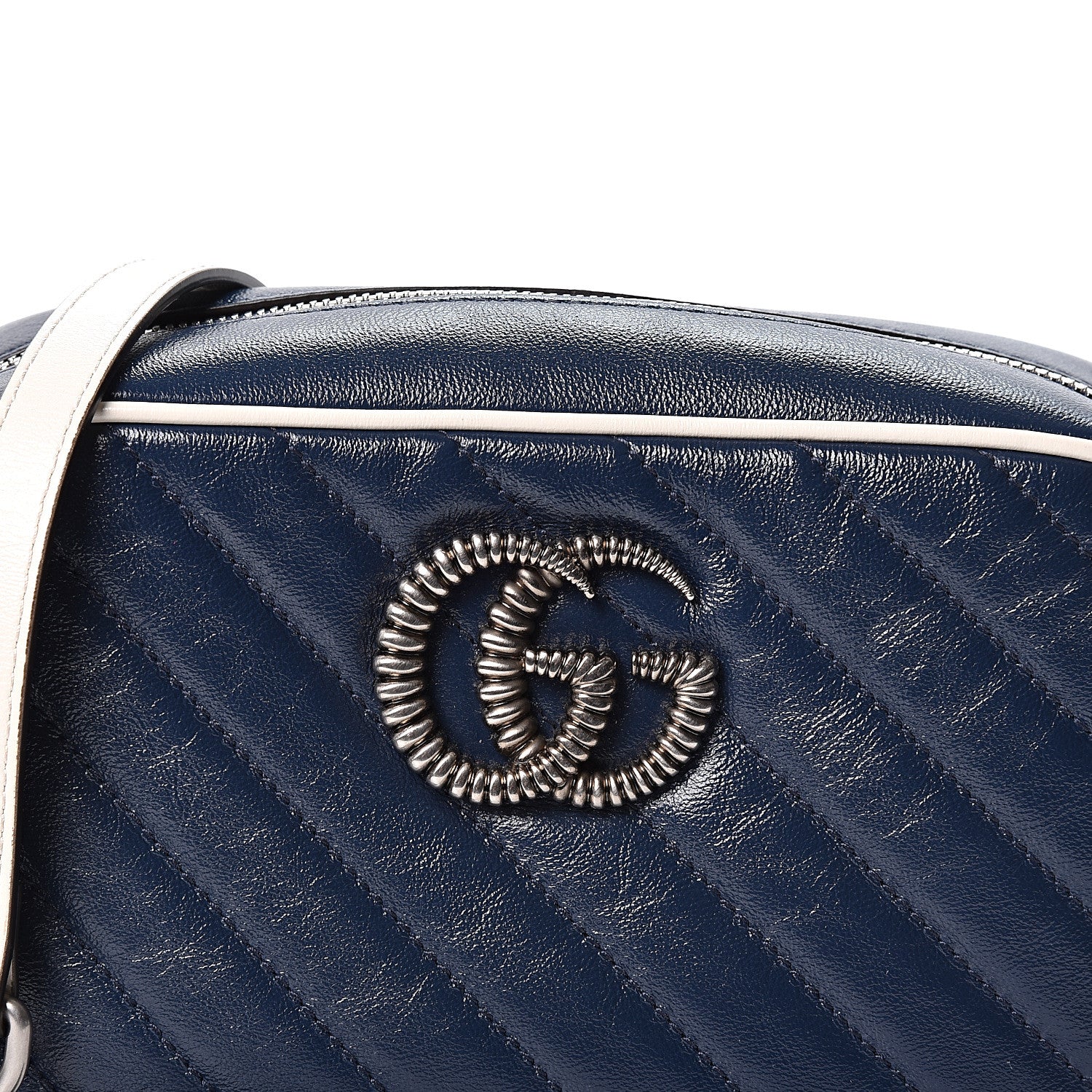 Gucci Vintage Effect Calfskin Matelasse Diagonal Small Torchon GG Marmont Chain Shoulder Bag Blue Agata Mystic White 7 of 10