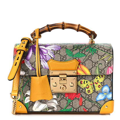 Gucci GG Supreme Monogram Flora Small Padlock Bamboo Shoulder Bag Beige Multicolor Crop 1 of 9