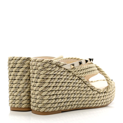 Valentino Garavani Calfskin Silk Rockstud Torchon Espadrille Wedge 25/95mm Slide Sandals 36 Light Ivory 4 of 9