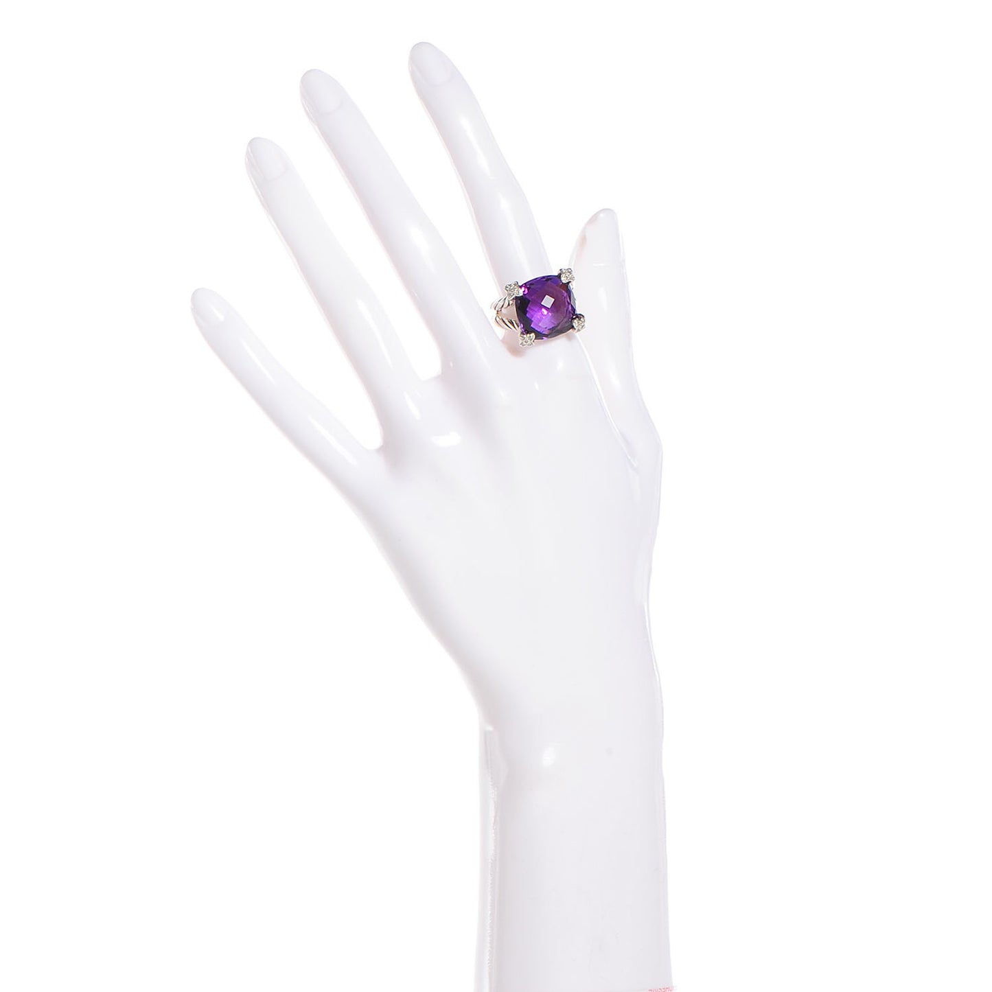 Sterling Silver Amethyst Pave Diamond 15mm Cushion On Point Ring 7
