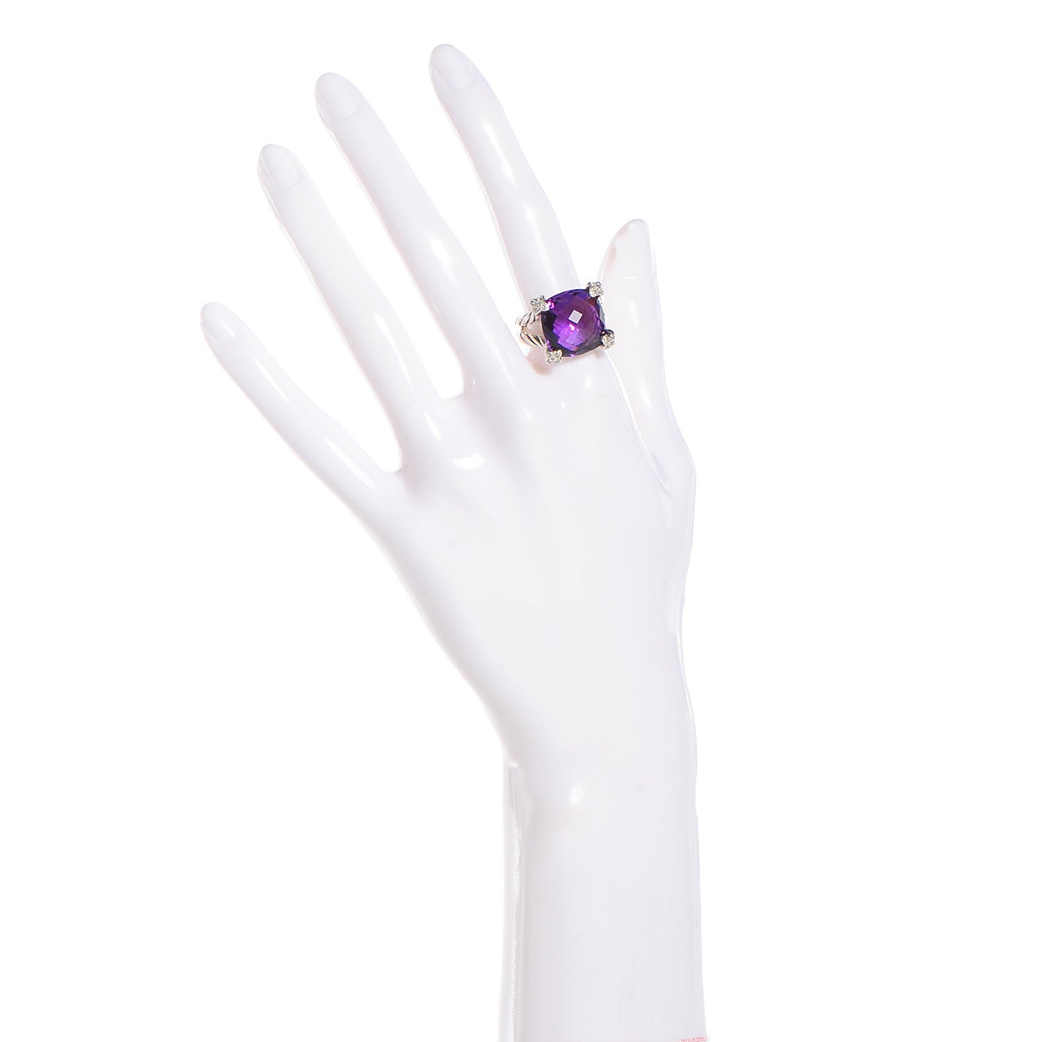 David Yurman Sterling Silver Amethyst Pave Diamond 15mm Cushion On Point Ring 7 2 of 5