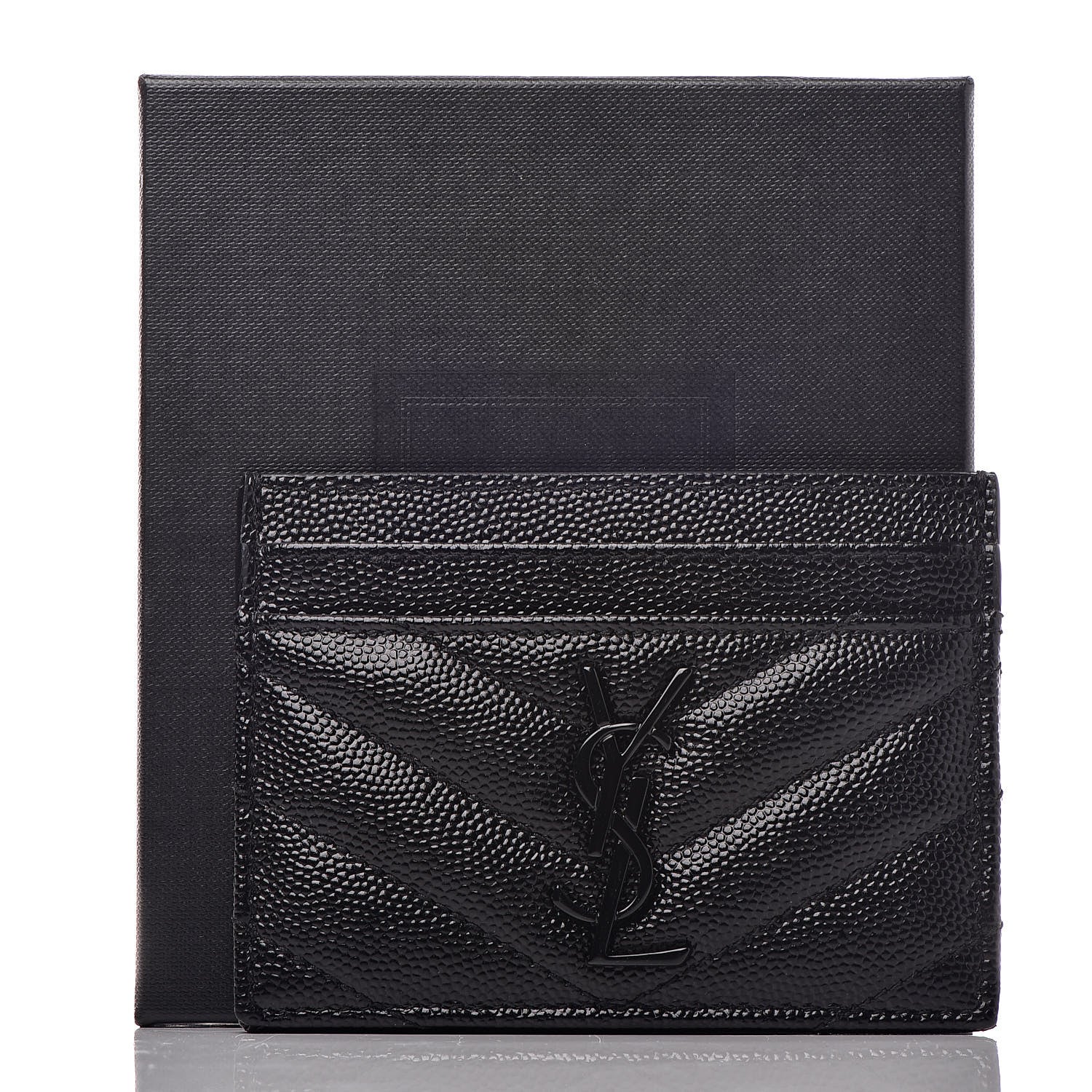 Saint Laurent Grain De Poudre Matelasse Chevron Monogram Credit Card Case Black 7 of 7