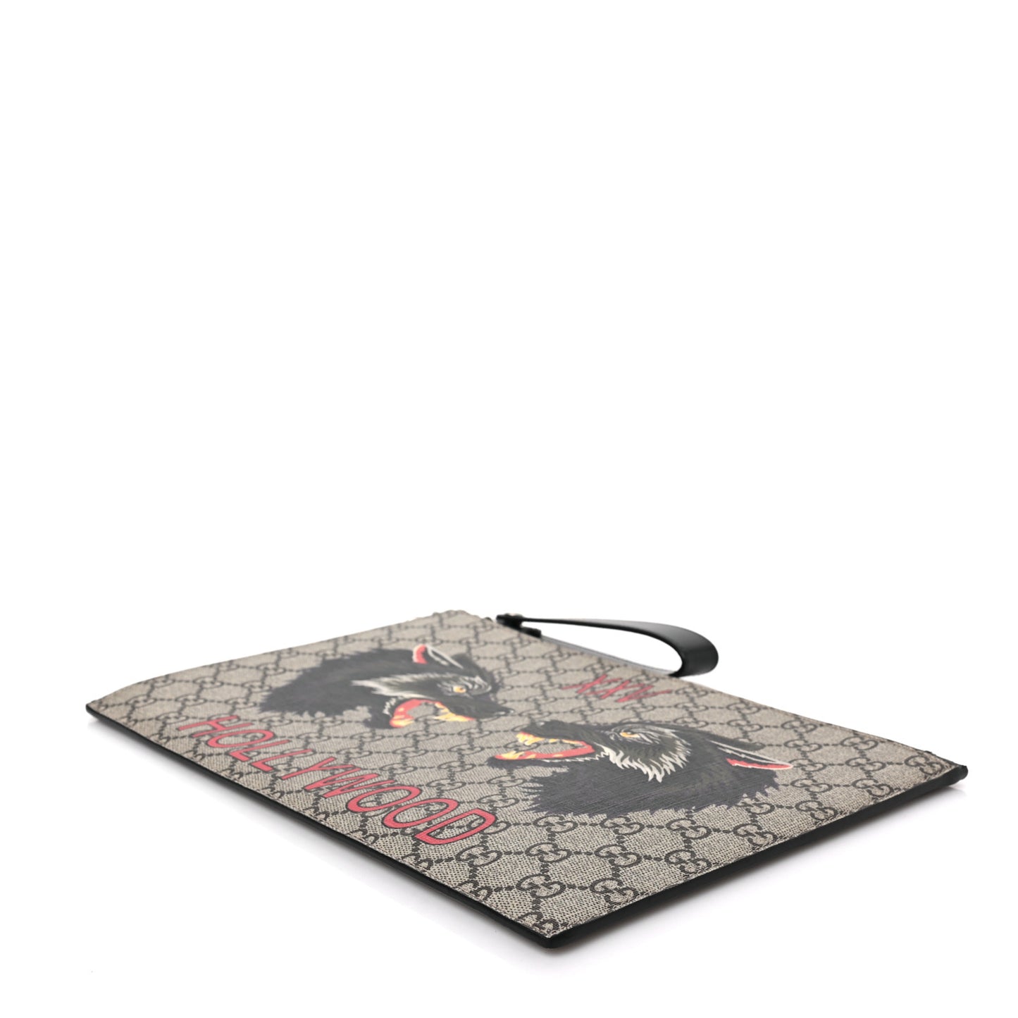 GG Supreme Monogram Wolf Zip Wristlet Pouch Beige