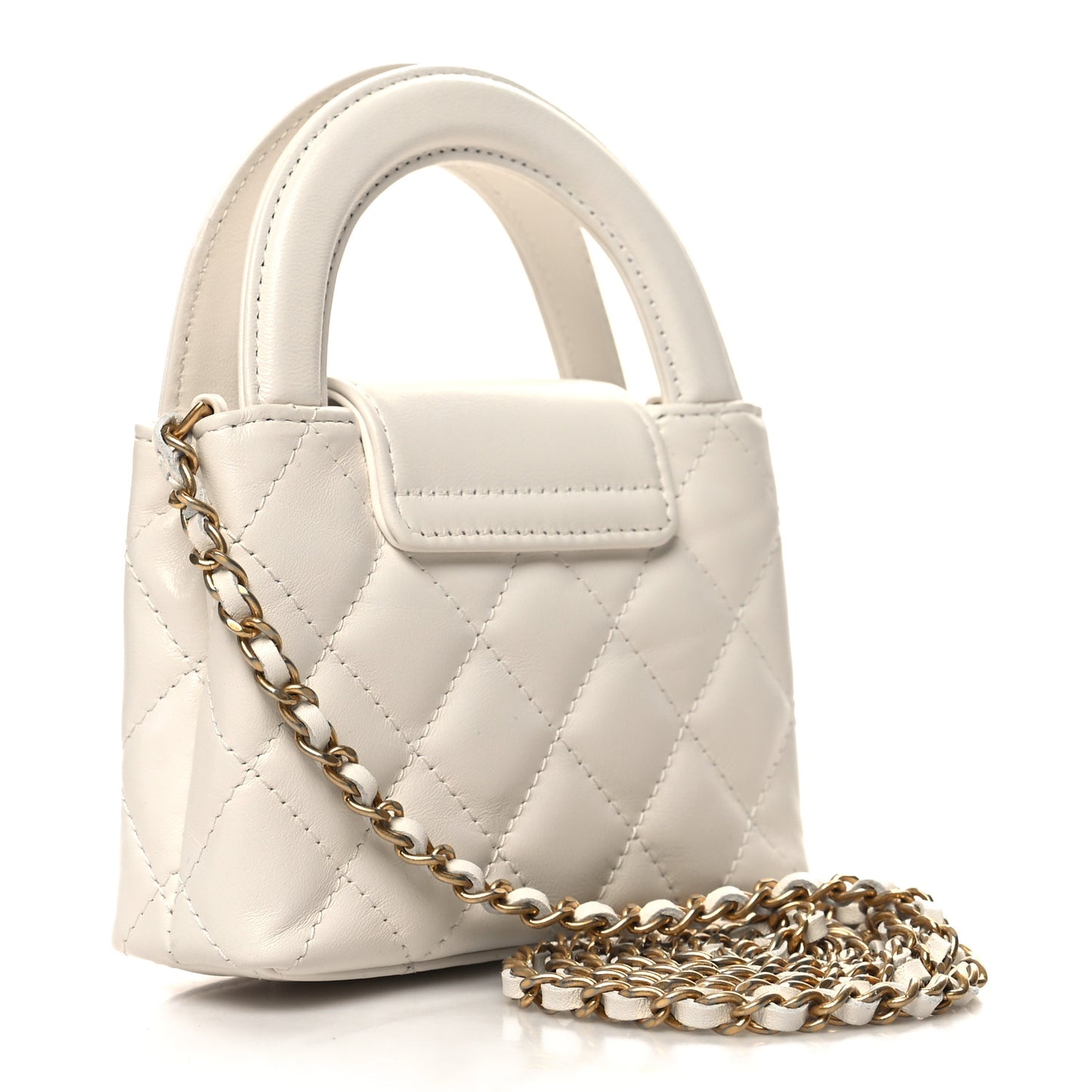 Shiny Aged Calfskin Quilted Mini Nano Kelly Shopper White