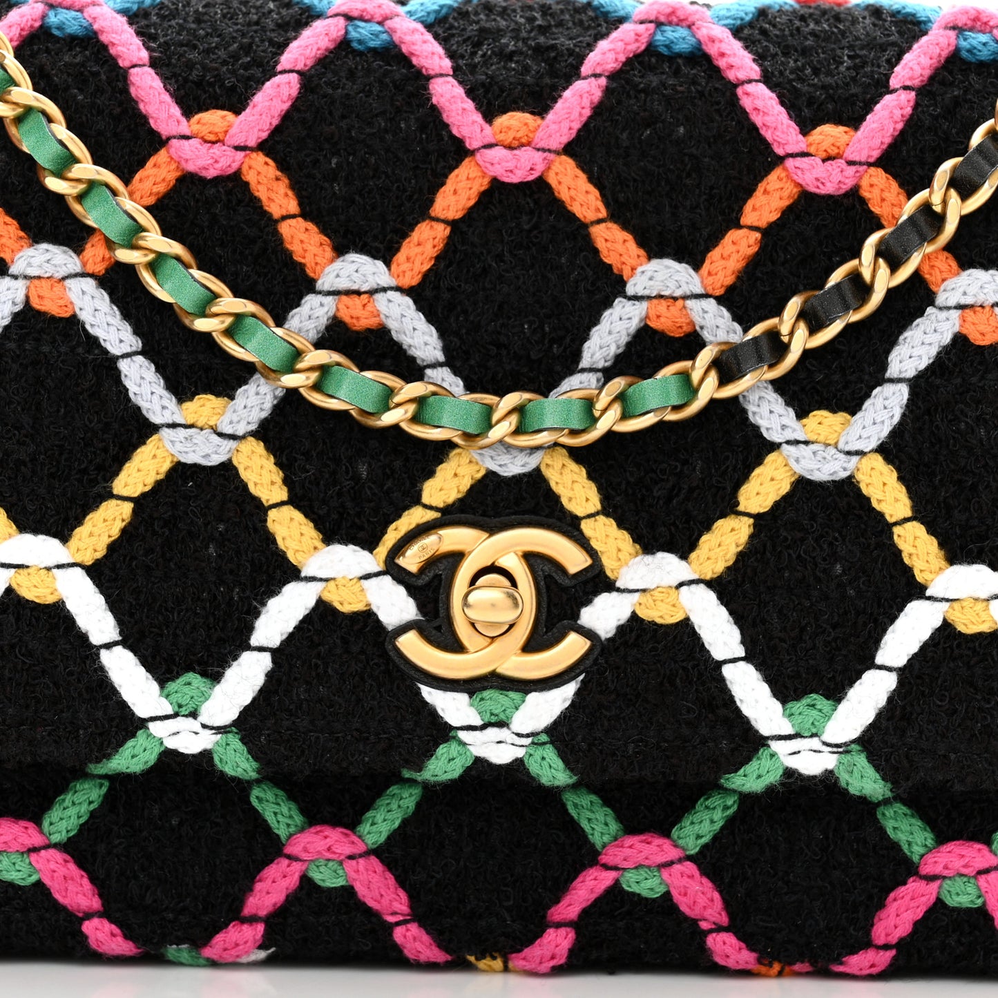 Tweed Diamond Threaded Pearl Crush Wallet On Chain WOC Black Multicolor