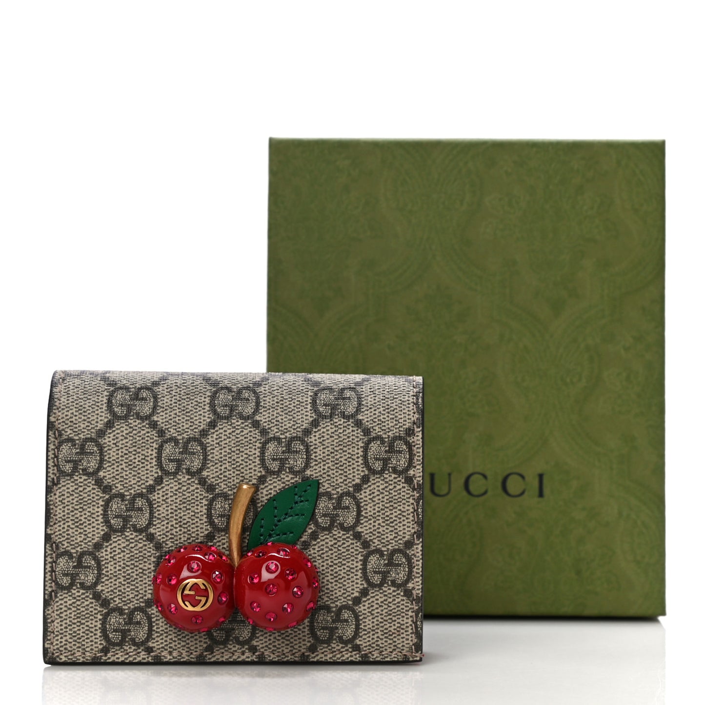 GG Supreme Monogram Cherry Embellished Card Case Wallet Hibiscus Red