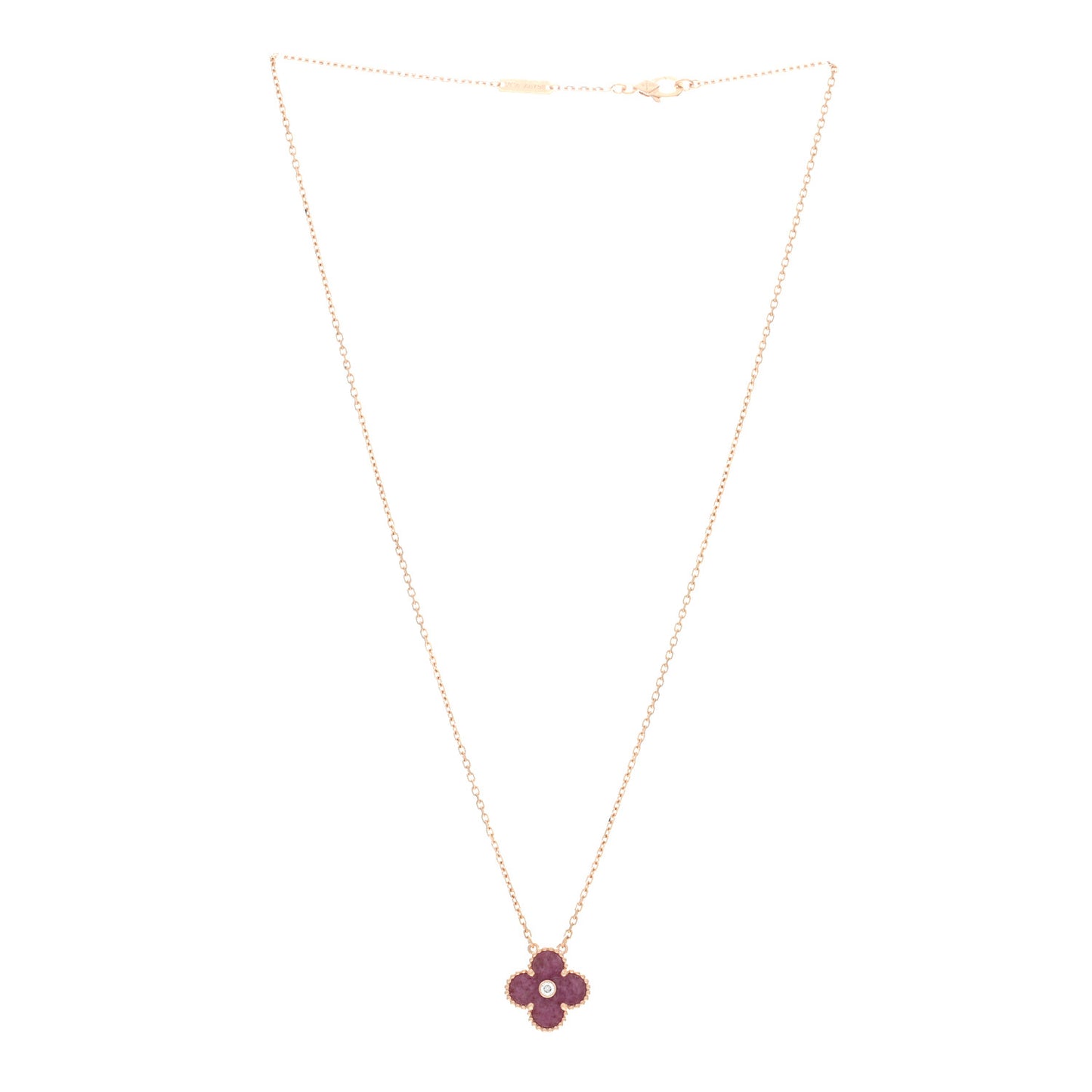 18K Rose Gold Diamond Rhodonite Vintage Alhambra Pendant Necklace