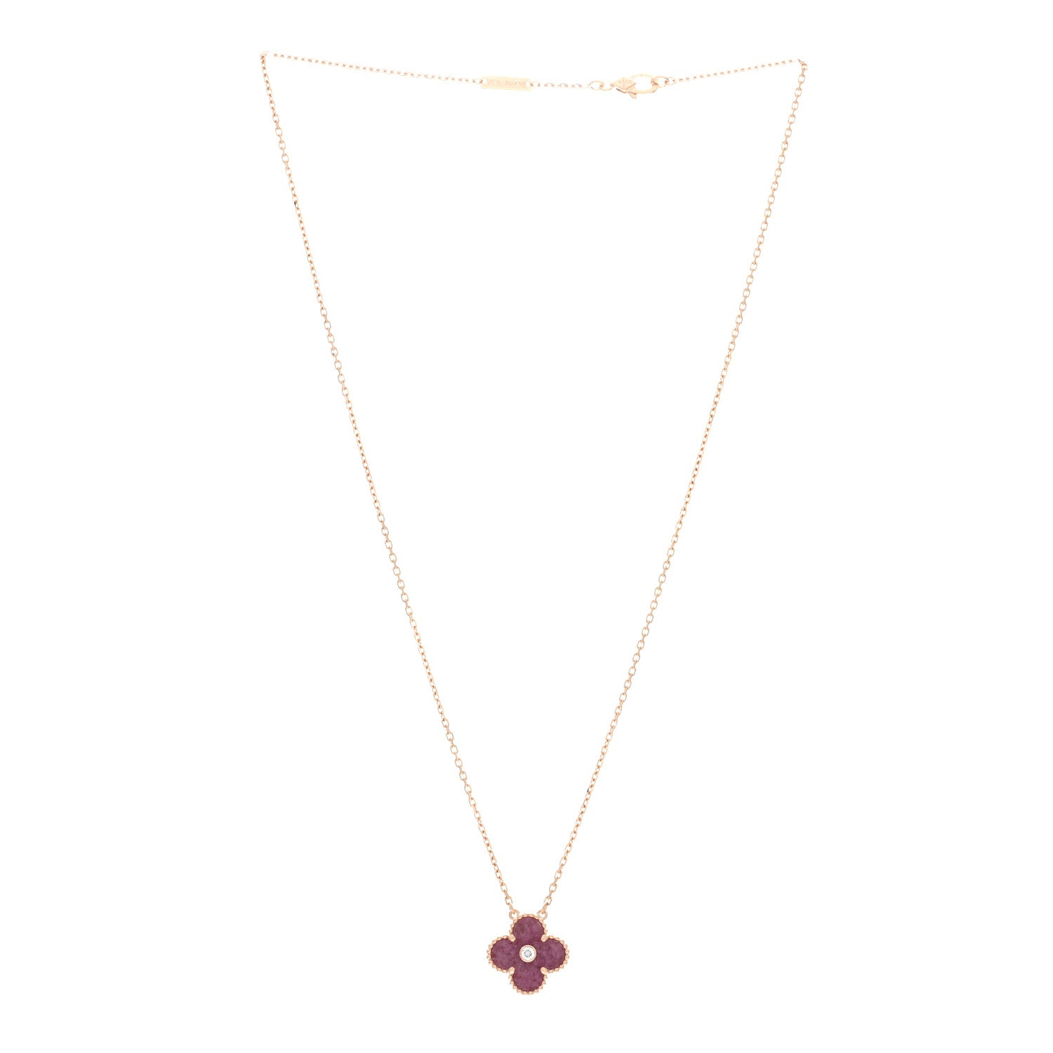 Van Cleef & Arpels 18K Rose Gold Diamond Rhodonite Vintage Alhambra Pendant Necklace 2 of 4