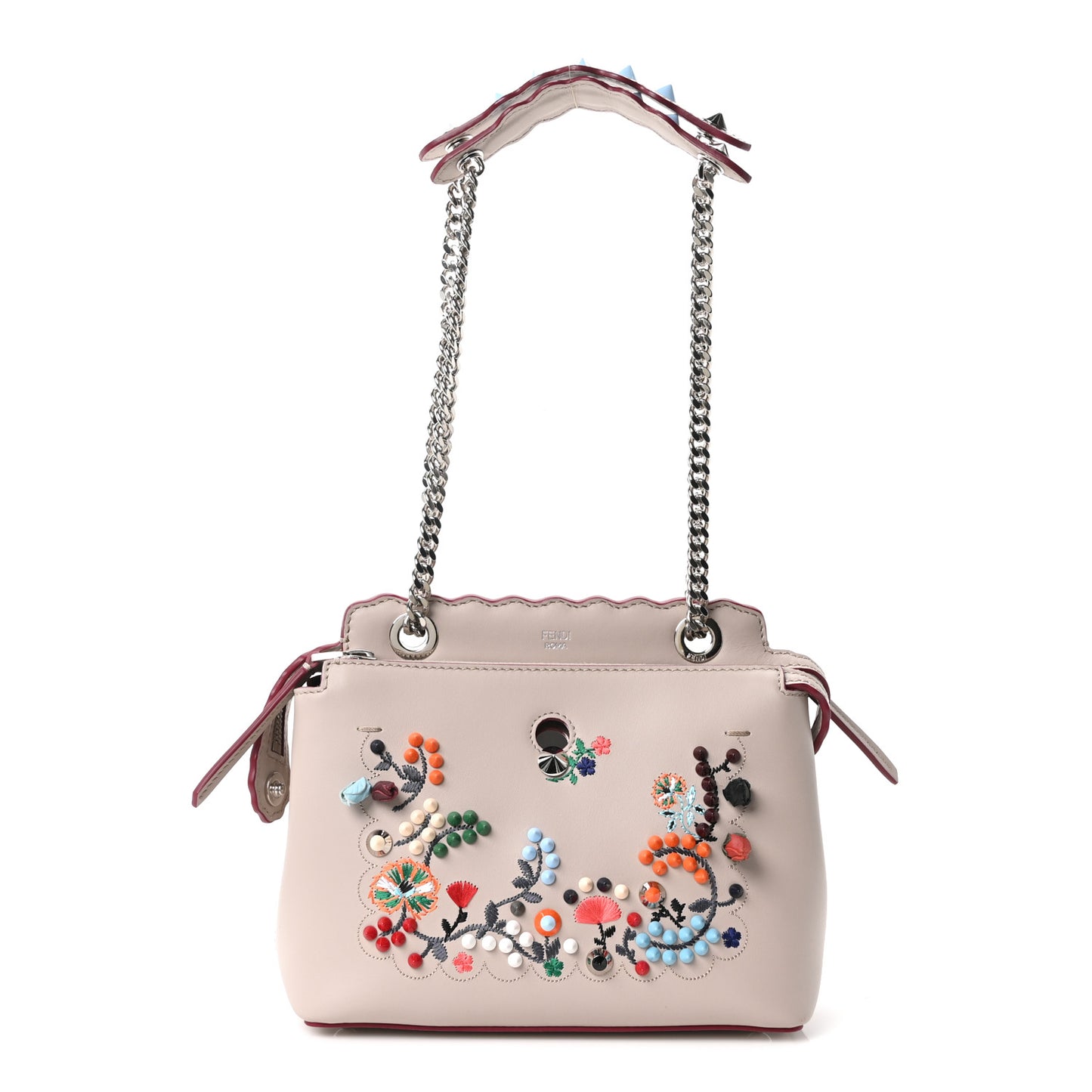 Vitello Baltico Nappa Flowerland Studded Small Dotcom Click Chain Satchel Grey Powder Multicolor