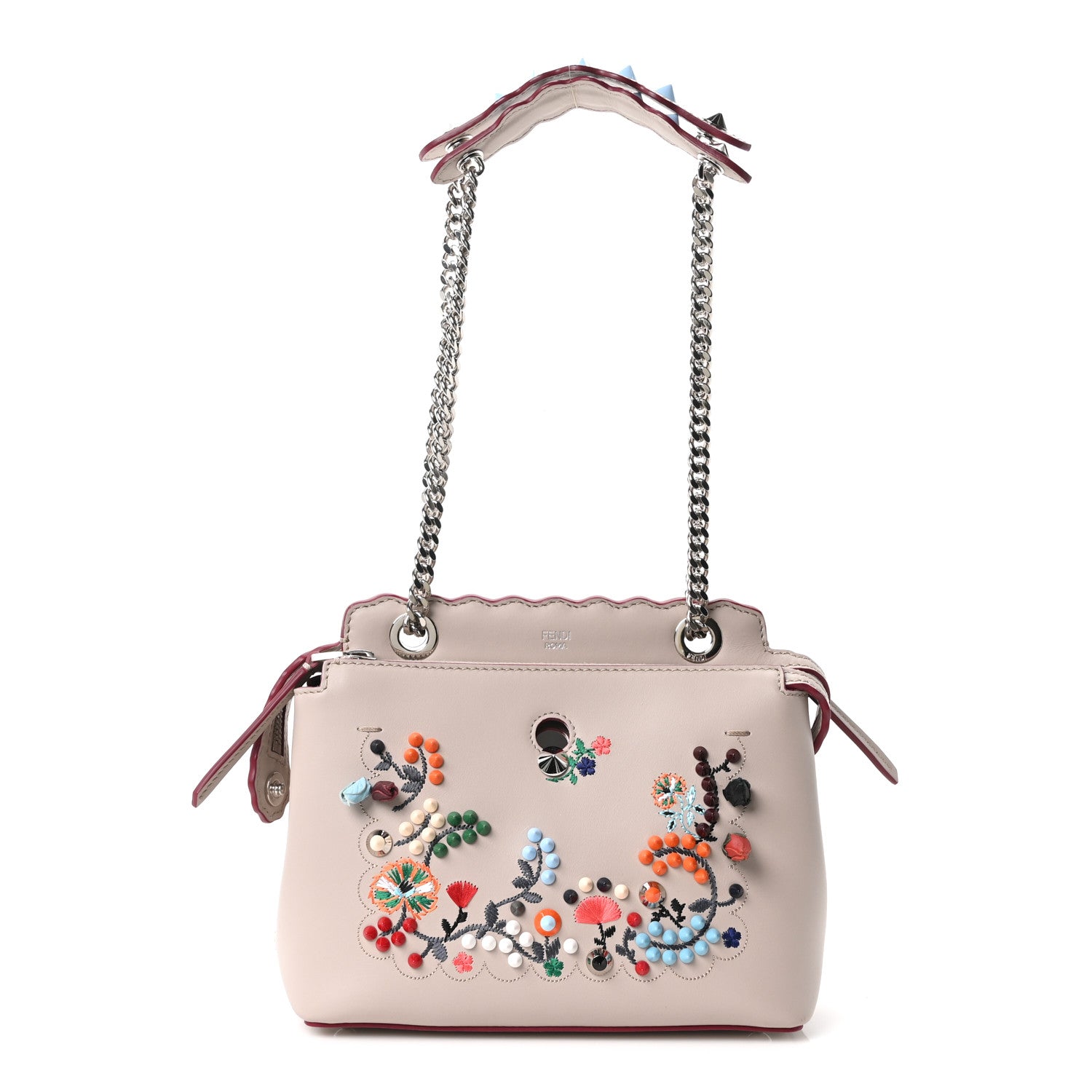 Fendi Vitello Baltico Nappa Flowerland Studded Small Dotcom Click Chain Satchel Grey Powder Multicolor 1 of 10